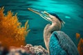 beautiful heron with beautiful plumage and bright beak against background of turquoise lake