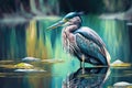 beautiful heron with blue and turquoise plumage in clear waters of lake