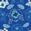 Beautiful Hibiscus Hawaii Seamless Pattern Vector blue background