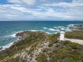 Beautiful high angle aerial drone view of Rocky Cape Lighthouse, part of Rocky Cape National Park, Tasmania