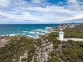 Beautiful high angle aerial drone view of Rocky Cape Lighthouse, part of Rocky Cape National Park, Tasmania