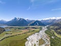 Beautiful high angle aerial view of Rees River, Mount Earnslaw and the Glenorchy-Paradise Road near Glenorchy Royalty Free Stock Photo