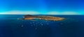 Beautiful aerial panoramic image of Lobos Island and the boats near Corralejo Fuerteventura