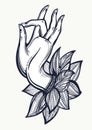 Beautiful high-detailed Buddha`s hand illustration. Engraved vector art isolated. Tattoo, spiritualy, yoga, meditation, textile