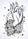 Beautiful high-detailed Buddha`s hand illustration with peony flowers and sacred geometry around. Religious concept. Tattoo design