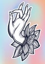 Beautiful high-detailed Buddha`s hand illustration. Religious vector artwork in linear style . Tattoo, spiritualy, yoga.