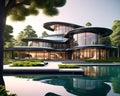 Beautiful luxury futuristic modern exterior villa in forest next to lake. fictional architecture 2024 design made with Generative