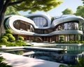 luxury futuristic modern exterior villa in forest next to lake. Generative