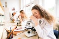 Beautiful high school students with microscopes in laboratory. Royalty Free Stock Photo