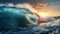 Beautiful high sea waves and beautiful sunlight, side view, from generative AI