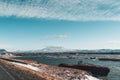 Beautiful highland iceland blue lake near Hekla among snow mountains.