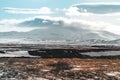 Beautiful highland iceland blue lake near Hekla among snow mountains.