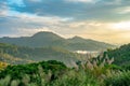 beautiful hight mountain valley sunset scene with cloudy sky background. Royalty Free Stock Photo