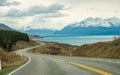 Beautiful highway to Aoraki Mount Cook the highest mountains in South Island of New Zealand. Royalty Free Stock Photo