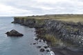 Hiking trail from Anarstapi to Hellnar with the raw ocean und big rocks and mountains in the west of Iceland at Snaefellsnes Penin