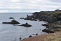 Hiking trail from Anarstapi to Hellnar with the raw ocean und big rocks and mountains in the west of Iceland at Snaefellsnes Penin