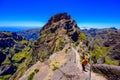 Beautiful hiking trail from Pico do Arieiro to Pico Ruivo, Madeira island. Footpath PR1 - Vereda do Areeiro. On summy summer day