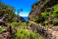 Beautiful hiking trail from Pico do Arieiro to Pico Ruivo, Madeira island. Footpath PR1 - Vereda do Areeiro. On sunny summer day