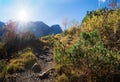 Hiking trail to alpine chalet Falkenhuette, karwendel mountains in autumn