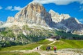 Beautiful hiking trails with hikers in the Dolomites, Italy