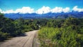 beautiful hilltop road dotted with shrubs and a beautiful mountain foreground