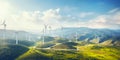 Beautiful hilly landscape with wind turbines generating electricity. Renewable energy source, banner format