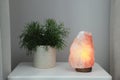 Beautiful Himalayan salt lamp and green houseplant on white table in room