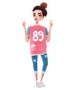 Beautiful hip hop girl with a bun raster illustration. wearing cool t-shirt, jeans and sneakers, listening to music using headphon