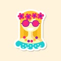 Beautiful hippie girl cute sticker in bright colors, fashion patch vector illustration, cartoon style