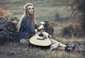 Beautiful hippie girl with guitar Royalty Free Stock Photo