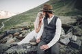 Stylish young wedding couple posing in beautiful Matterhorn moun Royalty Free Stock Photo