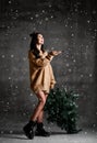 Beautiful hipster woman with Christmas fir tree in knitted sweater blouse under snow Royalty Free Stock Photo