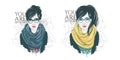 Beautiful hipster young women in a fashion jacket with scarf and glasses. Vector hand drawn illustration