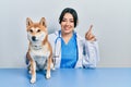 Beautiful hispanic veterinarian woman checking dog health surprised with an idea or question pointing finger with happy face, Royalty Free Stock Photo