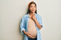 Beautiful hispanic woman expecting a baby, touching pregnant belly thinking concentrated about doubt with finger on chin and