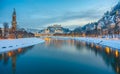 Beautiful historic city of Salzburg in winter at night, Austria Royalty Free Stock Photo