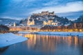 Beautiful historic city of Salzburg in winter at night, Austria Royalty Free Stock Photo