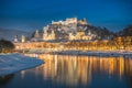 Beautiful historic city of Salzburg in winter at night, Austria Royalty Free Stock Photo