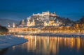 Beautiful historic city of Salzburg in winter at night, Austria Royalty Free Stock Photo
