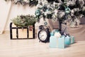Beautiful holdiay decorated room Christmas tree with presents under it Royalty Free Stock Photo