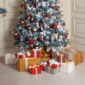 Beautiful holdiay decorated room with Christmas tree and presents under it. New Year decorations Royalty Free Stock Photo