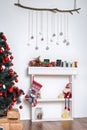 Beautiful holdiay decorated room with Christmas tree and presents under it. New Year decorations Royalty Free Stock Photo