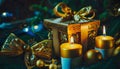 Beautiful holiday decorated with golden candles with a holiday bow and sacred, cinematic