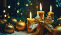 Beautiful holiday decorated with golden candles with a holiday bow and sacred, cinematic