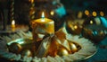Beautiful holiday decorated with golden candles with a holiday bow and sacred, cinematic