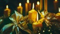 Beautiful holiday decorated with golden candles with a holiday bow and sacred, cinematic