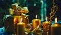 Beautiful holiday decorated with golden candles with a holiday bow and sacred, cinematic