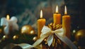 Beautiful holiday decorated with golden candles with a holiday bow and sacred, cinematic