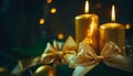 Beautiful holiday decorated with golden candles with a holiday bow and sacred, cinematic