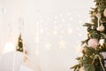 Beautiful holiday decorated room with Christmas tree and bright lights , out of focus shot for photo background. Blur christmas Royalty Free Stock Photo